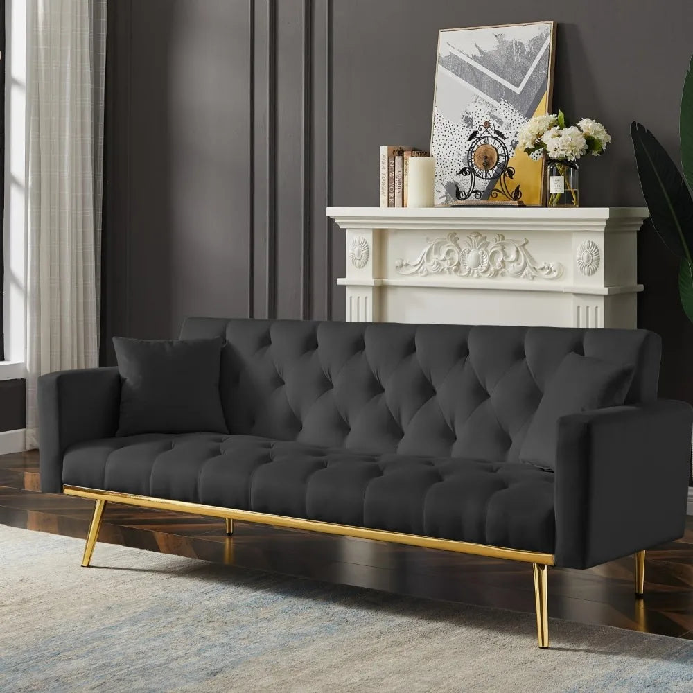 73" Modern Velvet Sofa Bed Futon,Convertible Sleeper Sofa Couch with 3 Angle Adjustable Backrest, Modern Loveseat with 4 Golden