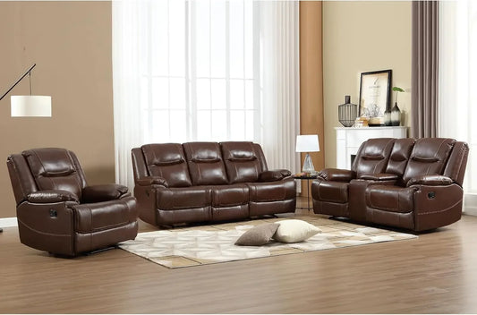 Genuine Leather Manual Recliner Sofa Set, Loveseat Reclining Sofa and 3 Seat Sofa, Couch Furniture Set for Living Room