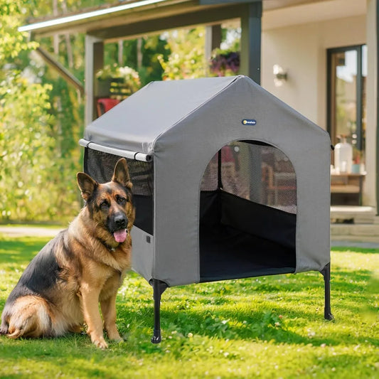 41" Dog House, 2-in-1 Large Dog House Outdoor Indoor Weatherproof, Outside Elevated Dog Cot Bed Dog Tent Shade, Three-Sided Bre