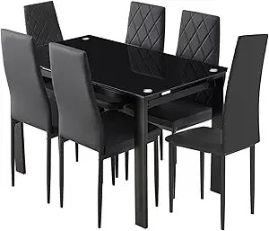 7-Piece Dining Table Set for 6, Tempered Glass Kitchen Table with PU Leather Chairs, Modern Dining Room Table Set for Small Spa