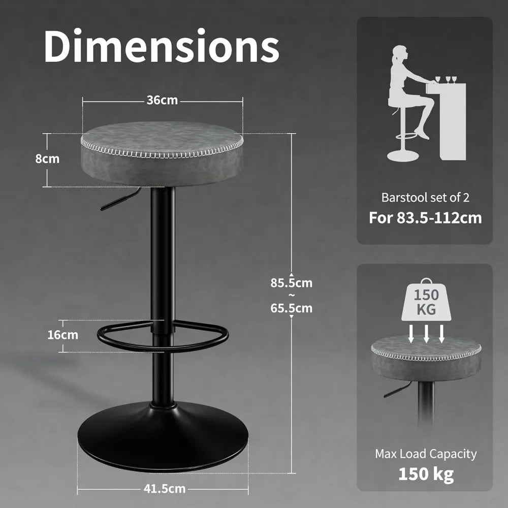 Adjustable Bar Stools Set of 2 Backless Kitchen Barstools with Round Seat 360°Swivel Counter Height Bar Stools Modern Microfiber