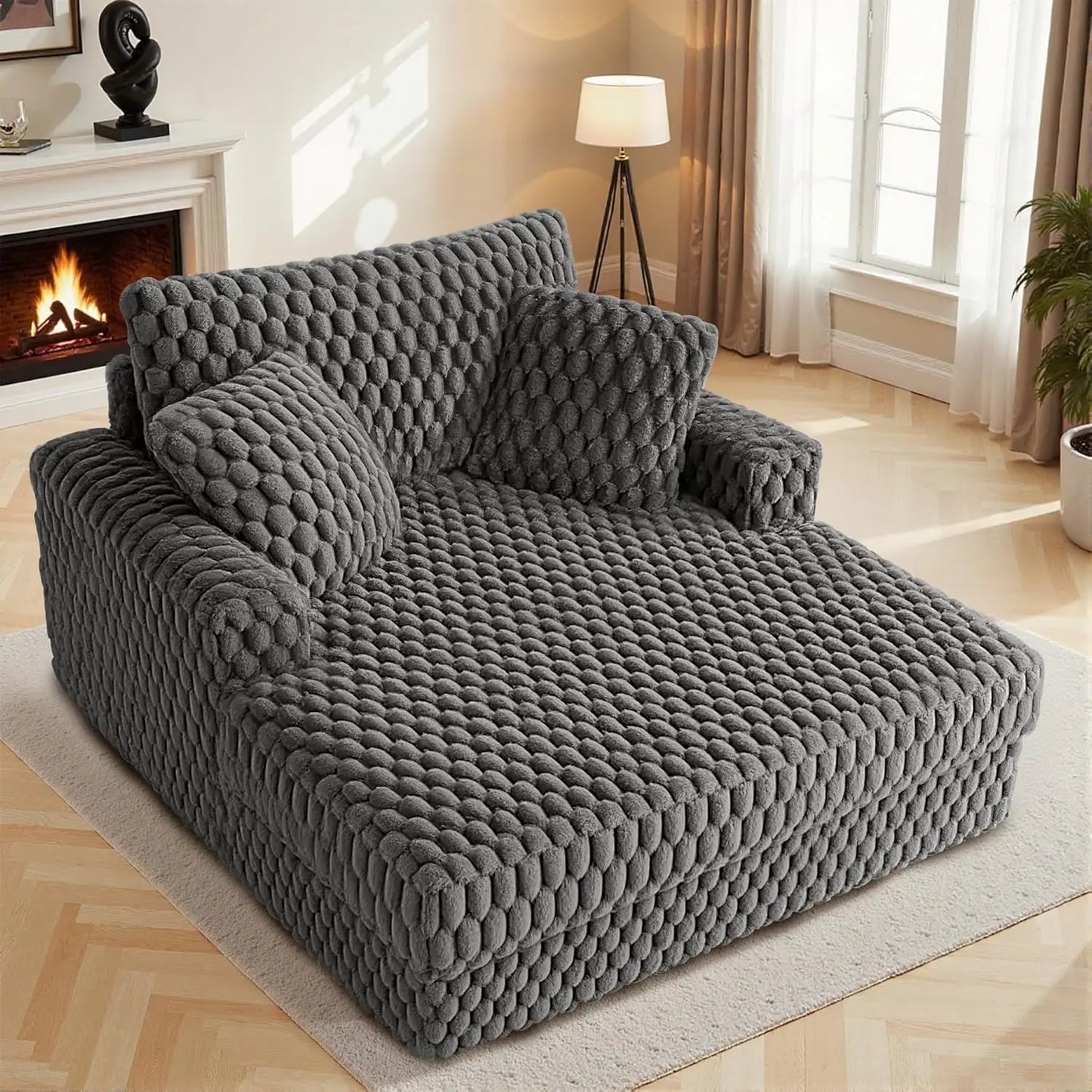 Oversized Chaise Lounge Chair Indoor 58 Inch Soft Cushioned Sofa Bed with Armrests and Cup Holder Plush Faux Fur Reading Chair