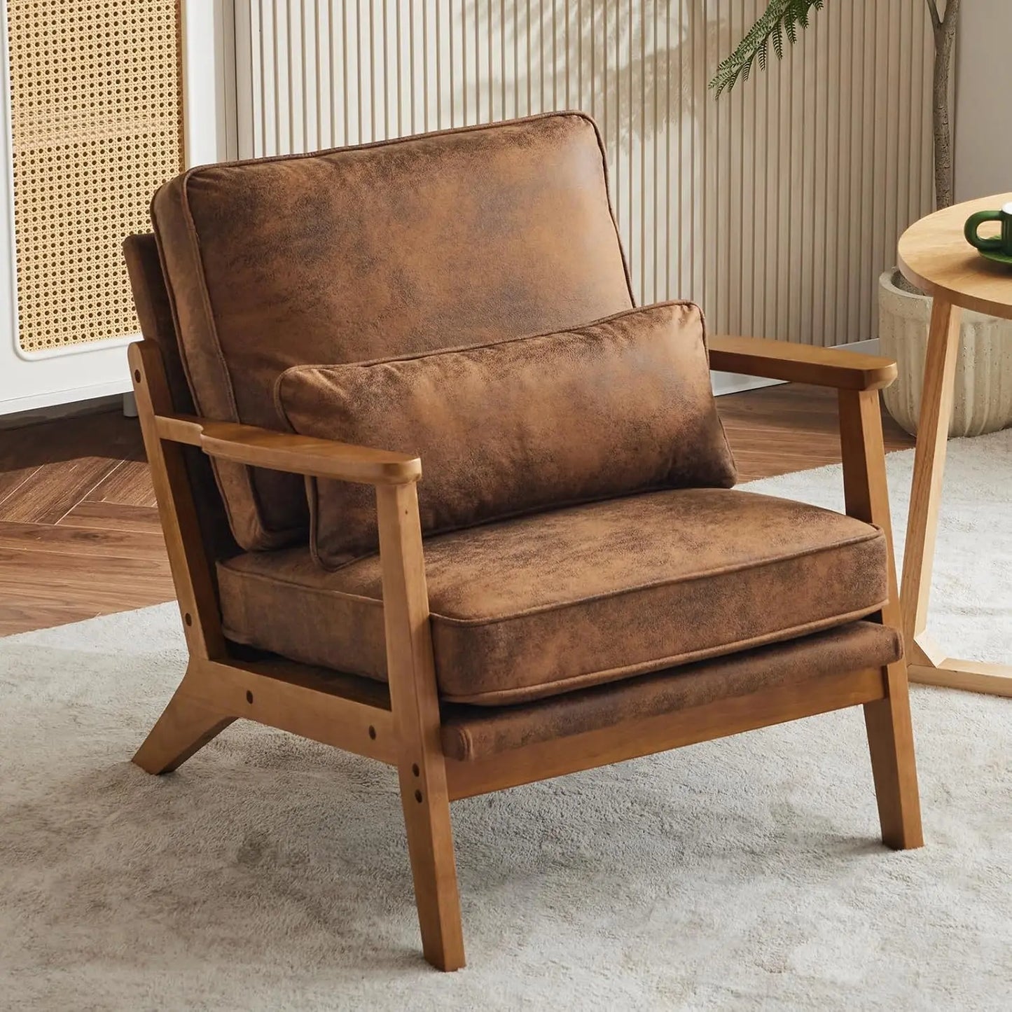 Accent Chair Wide Armrest Mid-Century Lounge Chair Teddy Fleece Armchair with Lumbar Pillow & Solid Wood Frame for Liv
