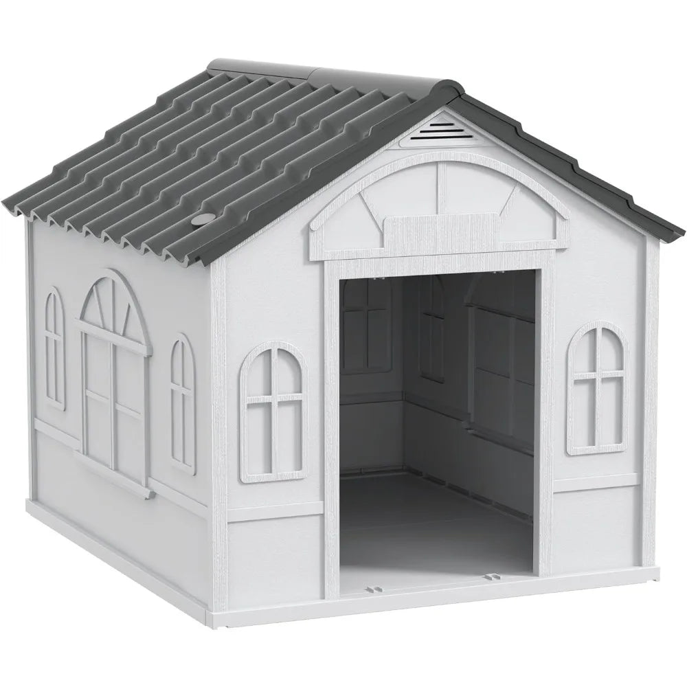 Plastic Dog House, Water Resistant Puppy Shelter Indoor Outdoor with Door, Easy to Assemble, for Medium and Small Dogs, Gray