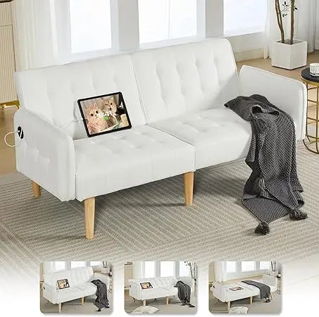 65“ Convertible Futon Sofa Bed w/ 2 USB, Upholstered Tufted Small Adjustable Folding Couch Loveseat, Modern Mid Century Sleeper