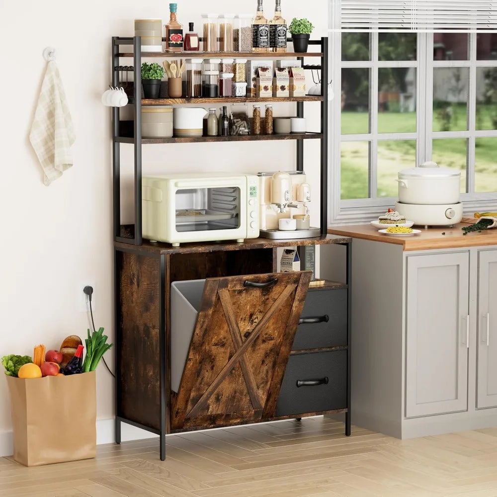 Kitchen Bakers Rack with Tilt-Out Trash Cabinet, Tall Coffee Bar Station with Power Outlet, Microwave Stand with Drawers