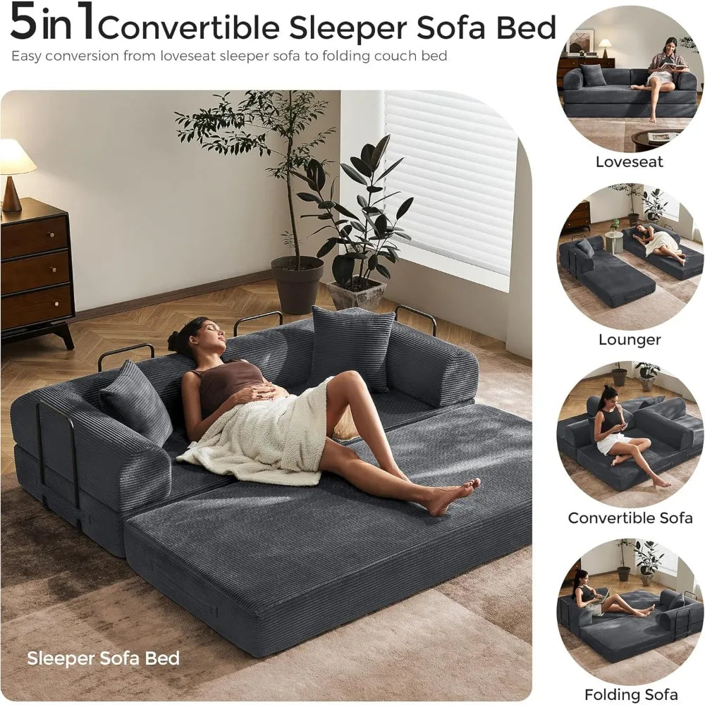 Modular Corduroy Sleeper Sofa with Removable Armrests and Fixed-Shape Frame, Folding Mattress Couch for Sleep
