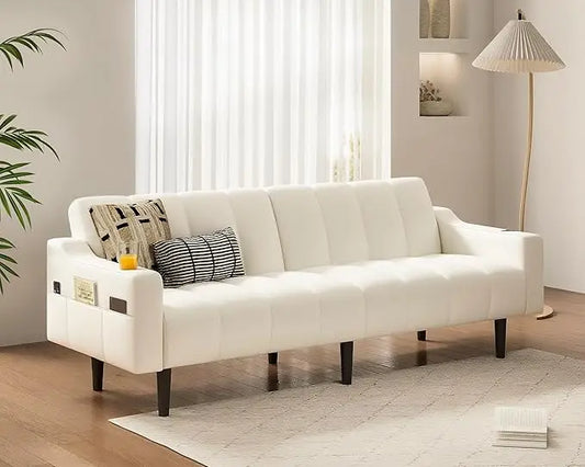 80'' Futon Sofa Bed, Faux Leather Sleeper Couch, Convertible Loveseat with Adjustable Sofa Backrest, Modern Couches for Living