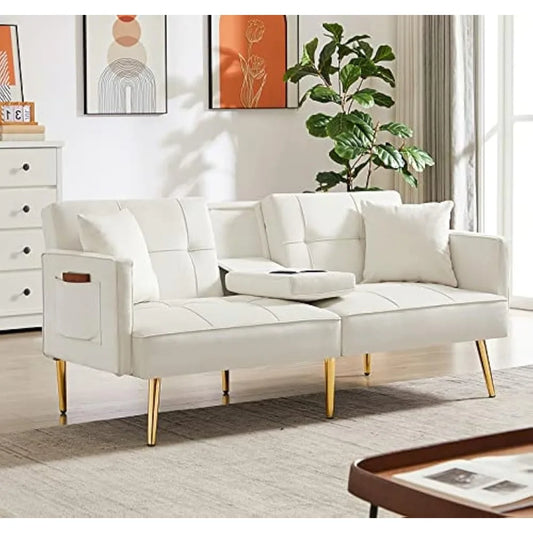 Futon Sofa Bed Modern Linen Fabric Couch Bed Loveseat Convertible Daybed with 2 Cup Holders and Removable Armrests