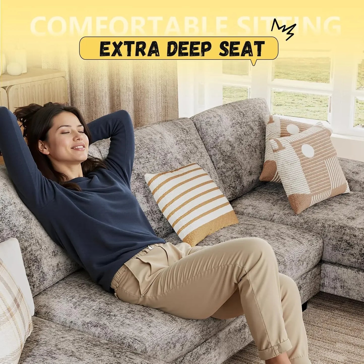 U Shaped Couch with Chenille Fabric, 4 Seat Modern Sofa with Removable Pillows for Apartment and Small Space (Fabric, Grey)