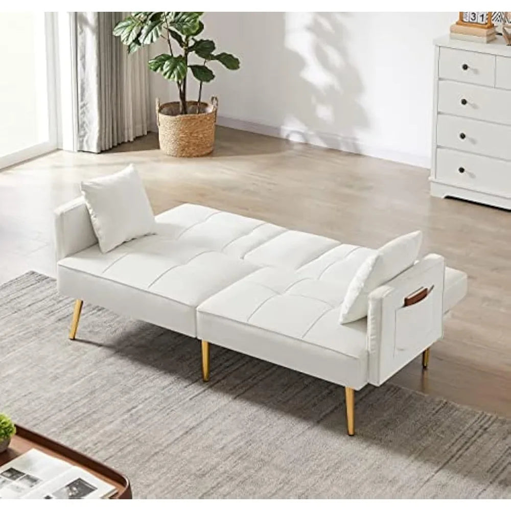 Futon Sofa Bed Modern Linen Fabric Couch Bed Loveseat Convertible Daybed with 2 Cup Holders and Removable Armrests