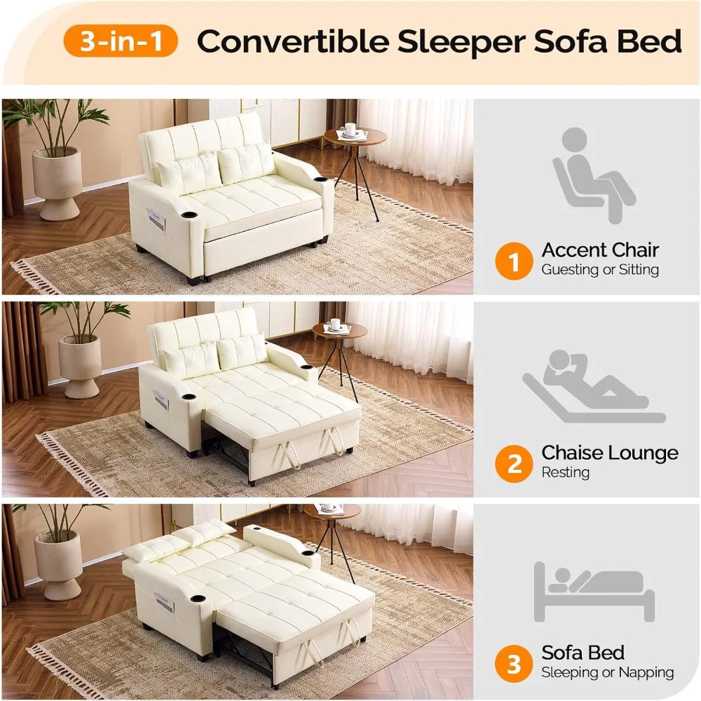 Beige Loveseat Sleeper Sofa, Convertible Futon Sofa Bed Faux Leather Pullout Couch Bed with USB Ports, Cup Holders, Armre