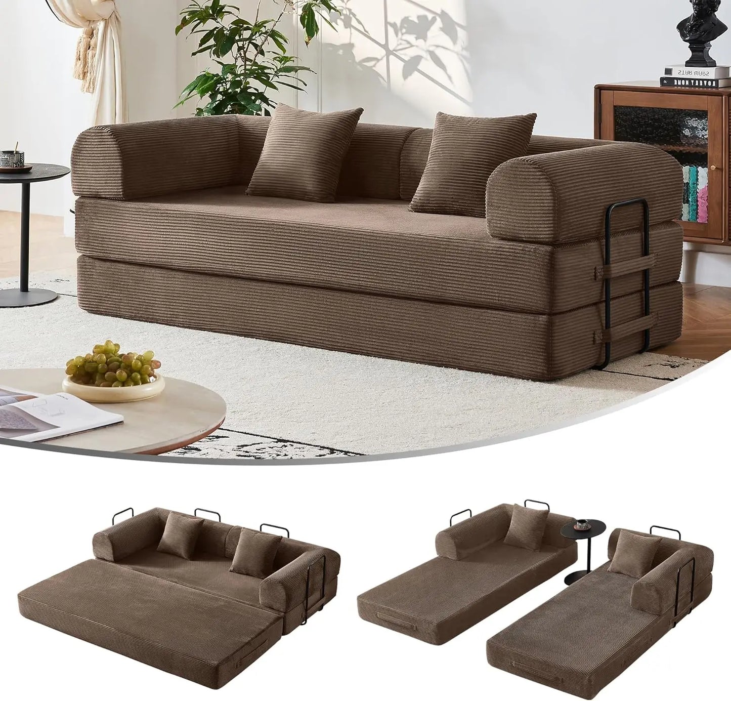 79" Compression Sofa, Convertible Sleeper Sofa Bed, Couch Bed with Fixed-Shape Frame, Corduroy Floor Sofa, Couches for Living Ro