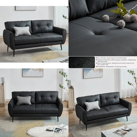 Mid-Century Modern Black Faux Leather Small Sofa, 61" Loveseat Couch for Living Room, Tufted Comfortable Mini Sofa for Office