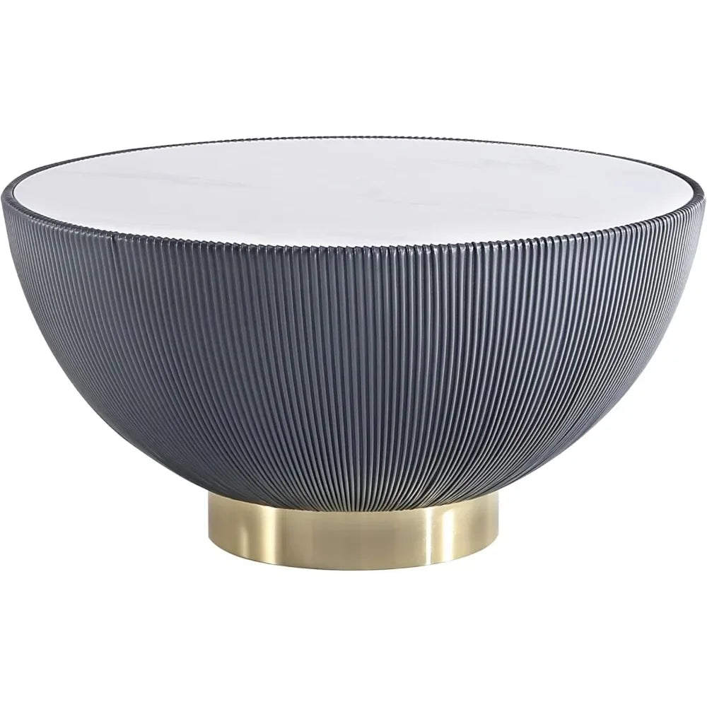 Anderson Modern 28.15" Round Coffee Table 2.0 - Ceramic Marble Tabletop, Elegant Pleated Leatherette Details