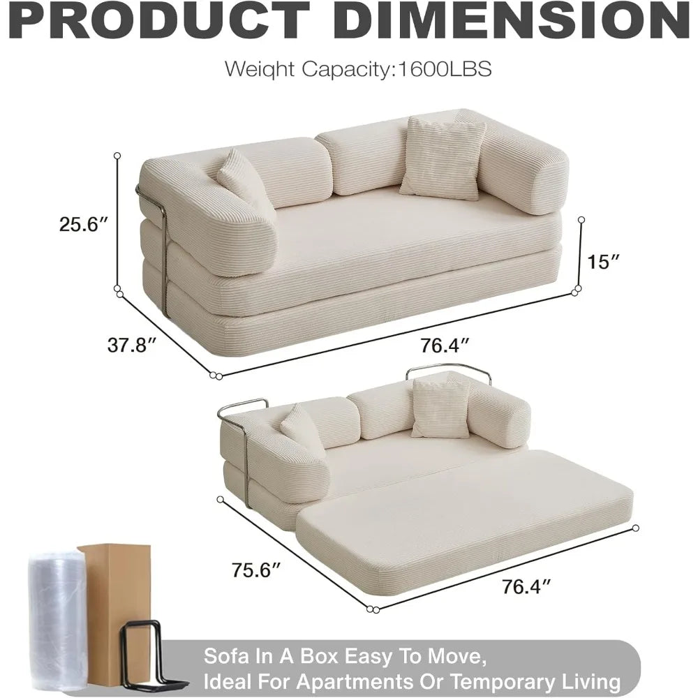 Sleeper Sofa Bed,4-in-1 Convertible Folding Boneless Couch,Foldable Love Seat with Blanket Pillow Corduroy Floor Futon Couch