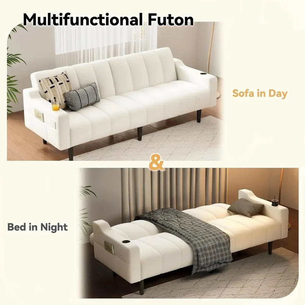 80'' Futon Sofa Bed, Faux Leather Sleeper Couch, Convertible Loveseat with Adjustable Sofa Backrest, Modern Couches for Living
