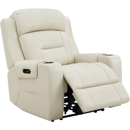 Genuine Leather Power Recliner Chairs for Adults, Lay Flat Recliner with Power Headrest, USB Ports and Cup Holders