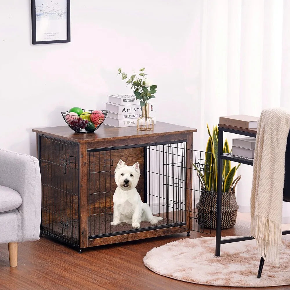 DWANTON Dog Crate Furniture with Cushion, Wooden Kennel Table with Double Doors, Indoor Dog House, Small/Medium/Large/Extra Larg