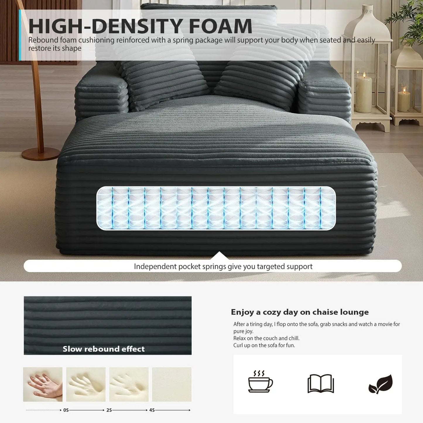 50 Inch Chaise Lounge Chair Indoor, Oversized Corduroy Upholstered Boneless Sofa Bed, Deep Seat Sleeper Couch Reading Chairs