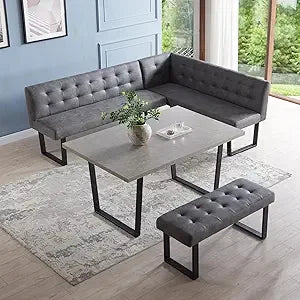 3 Piece Dining Table Set with Bench, 42.9 Inch Modern Kitchen Table with Left Seat Corner and 43.3 Inch Bench for Family Dining