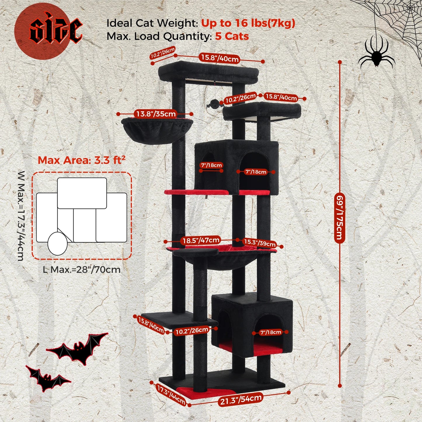 Tall Cat Tree for Indoor Cats Big Cat Tower with Super Large Hammock Cat Climbing Tree with Scratching Posts Condo House Black