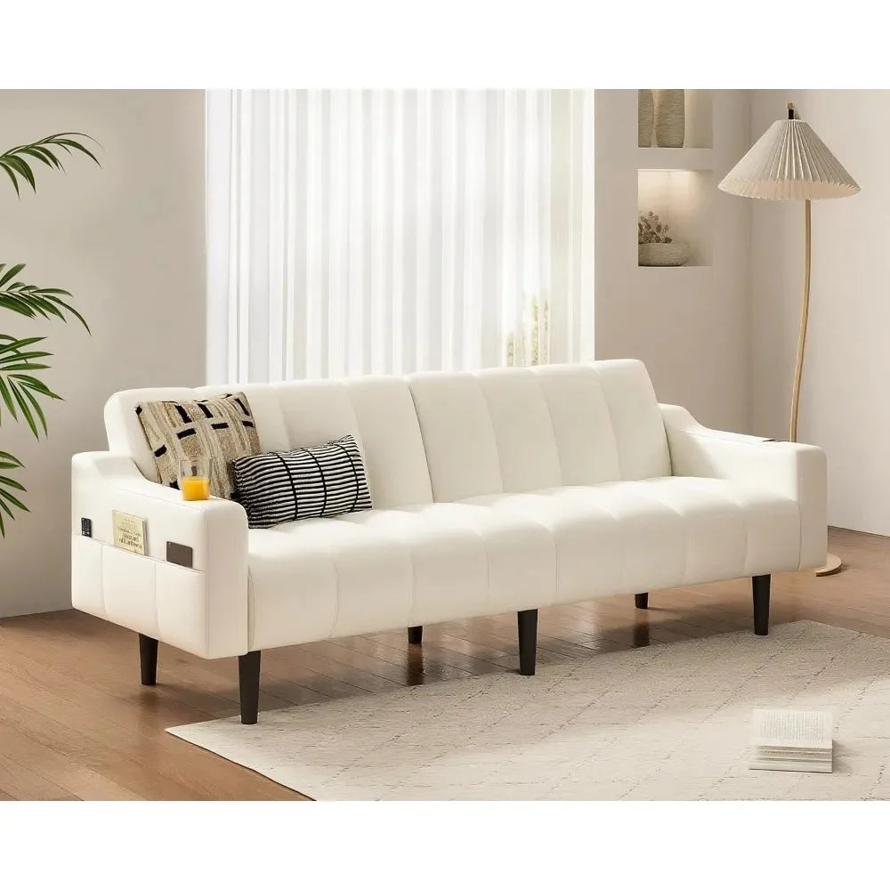 80'' Futon Sofa Bed, Faux Leather Sleeper Couch, Convertible Loveseat with Adjustable Sofa Backrest, Modern Couches for Living