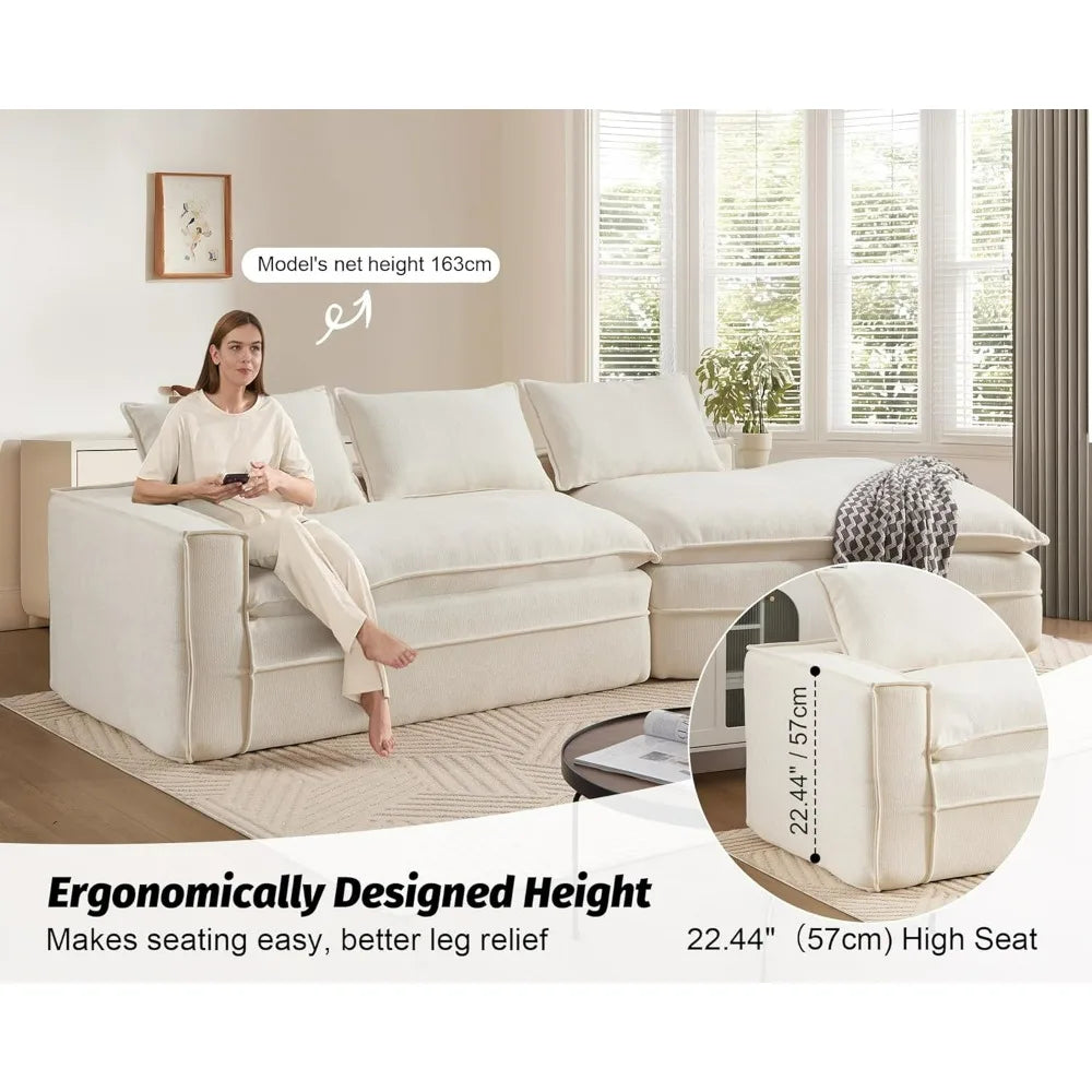 134" Fluffy Boneless Couch, Modular Deep Seat Sectional Sofa, Modern Corduroy Cloud Couch, Right Facing Chaise Sectional Couches