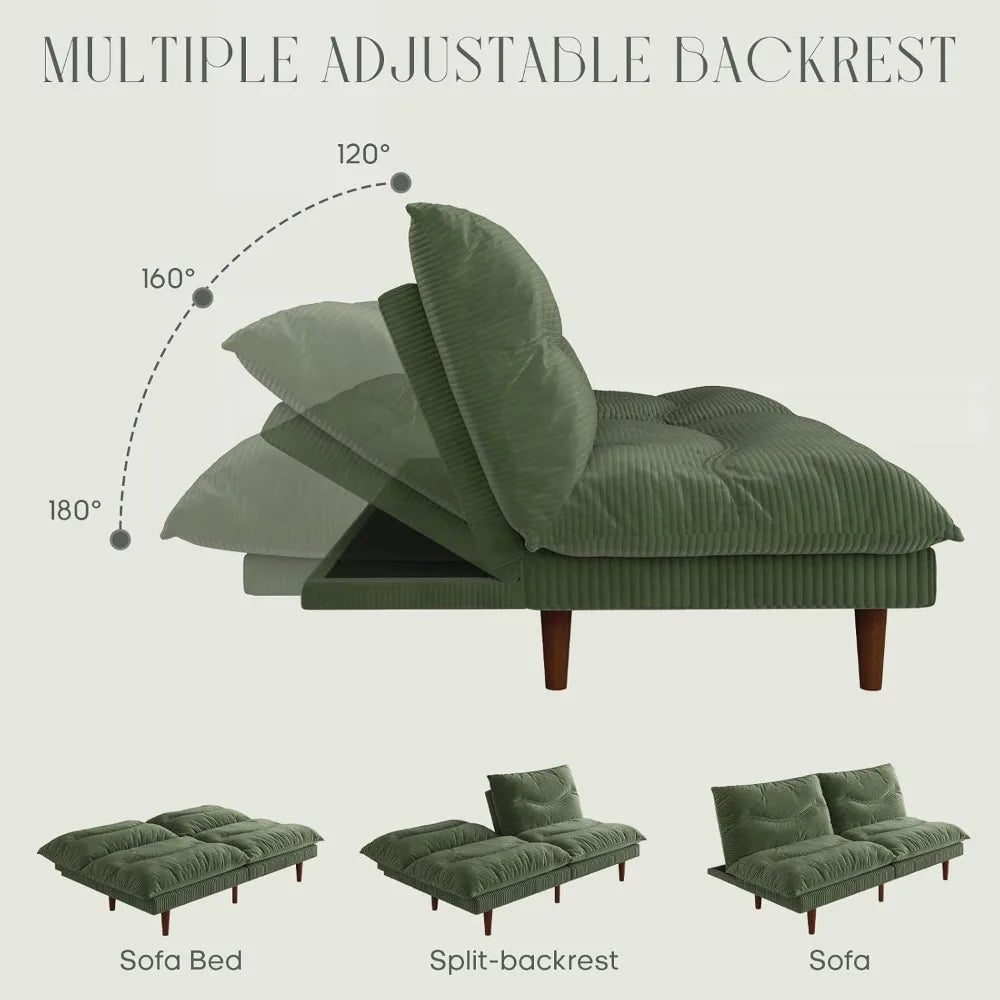 Corduroy Futon Sofa Bed, 69 Adjustable Couch with Folding Sleeper Recliner
