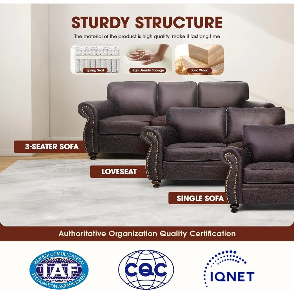 Living Room Furniture Sets,Sofa Sets and Couch Sets for Living Room,Mid-Century Vintage Sofa Couches with Rivet Design (Brown, S