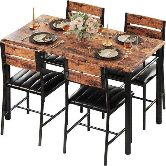 IRONCK Dining Table Set for 4, Wood Kitchen Table with Upholstered Chairs for Kitchen Room and Small Spaces, Rustic Brown