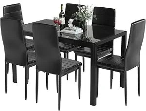 7-Piece Dining Table Set for 6, Tempered Glass Kitchen Table with PU Leather Chairs, Modern Dining Room Table Set for Small Spa