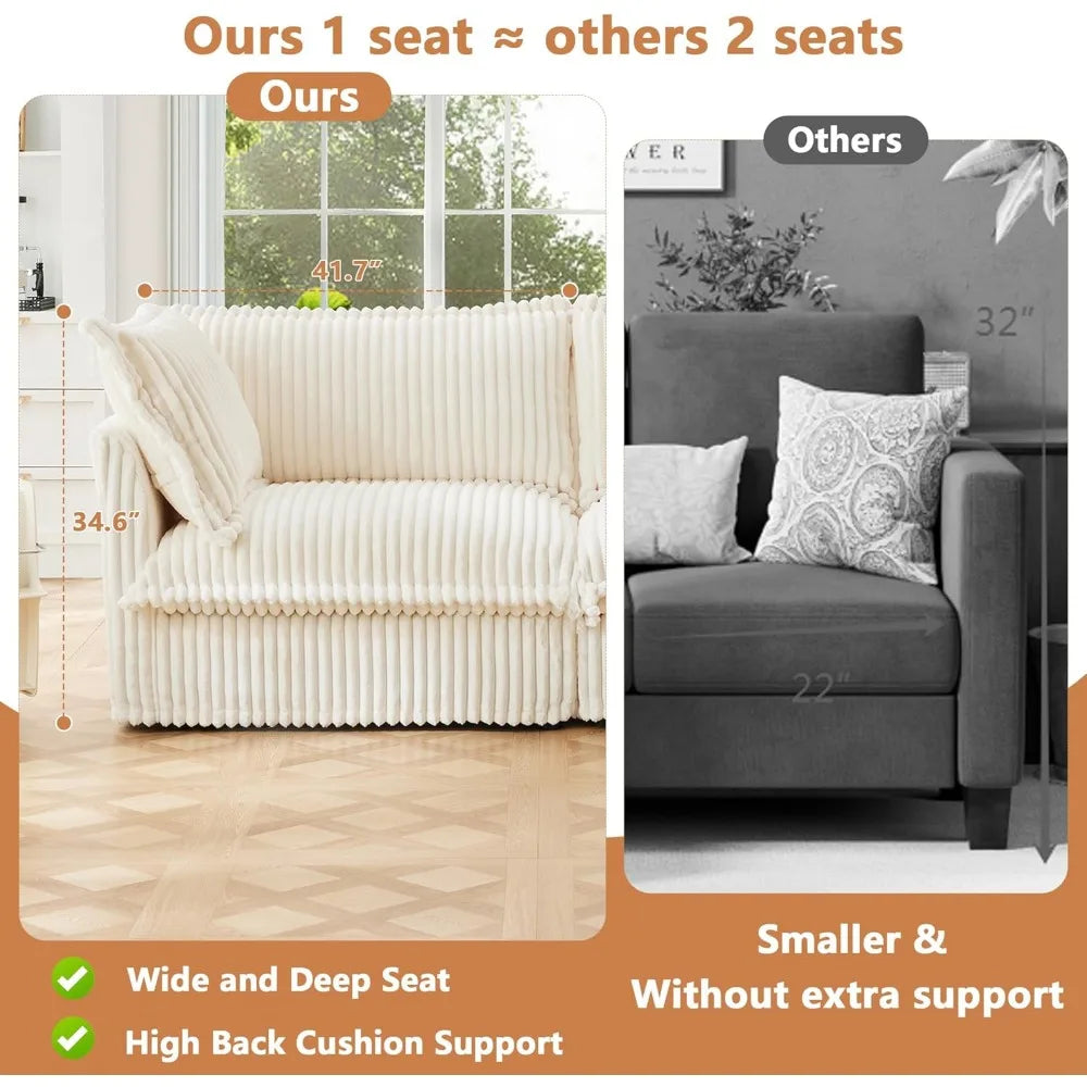 Oversized Modular Sectional Sofa Chair, 49” Corduroy Fabric Single Armchair Comfy Deep Seat Couch Sofa with Big Toss Pill