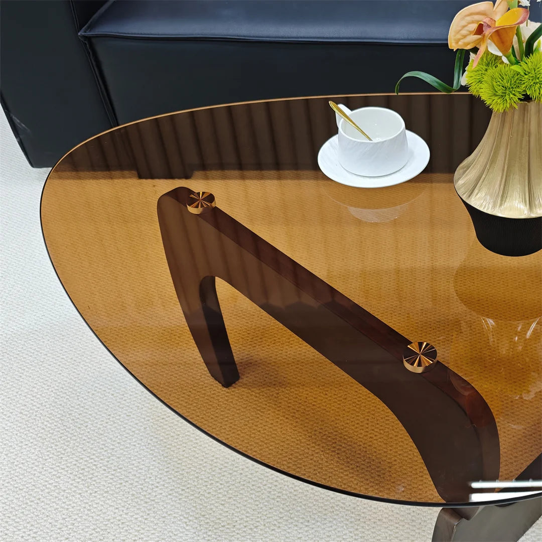 FATIVO Modern Irregular Center Table Living Room Accent Coffee Table Sofa Side Table with Amber-Tinted Tempered Glass Top