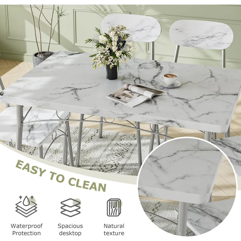 Dining Table Set for 4, 5-Piece Kitchen Table with 4 Chairs, MDF Board Tabletop with Metal Frame for Small Space, Compact Dinet