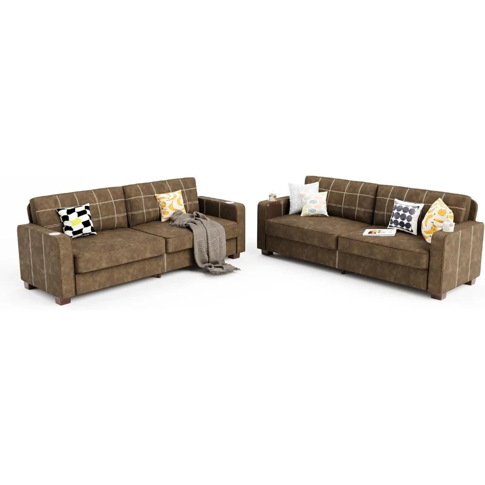 80 Inch Brown Faux Leather Sofa Couch (2 Sets) - Wide Armrests with 2 Built-in Cup Holders, Deep Seats, Contrast Stitching
