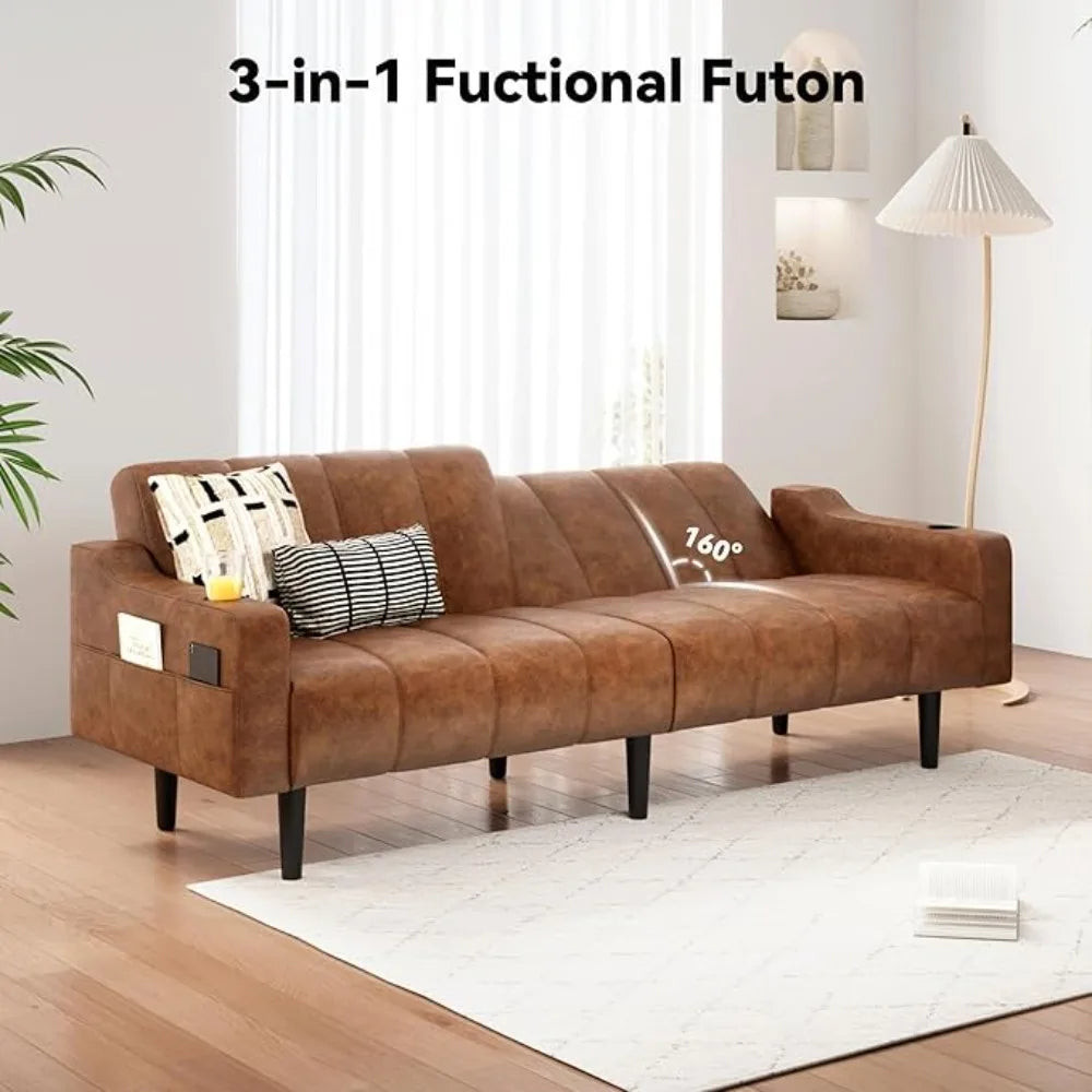 80'' Leather Couch, Futon Sofa Bed, Faux Leather Couch with Adjustable Backrest, 2 Cup Holders & Side Pockets, Mid Century
