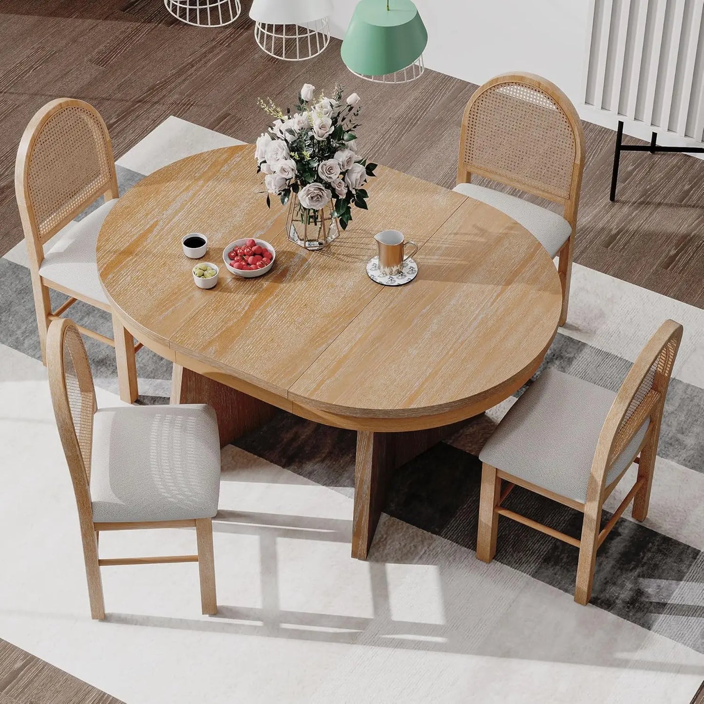 5-Piece Kitchen Table Set, Wood Round Extendable Dining Table and 4 Upholstered Dining Chairs, Farmhouse Dining Room