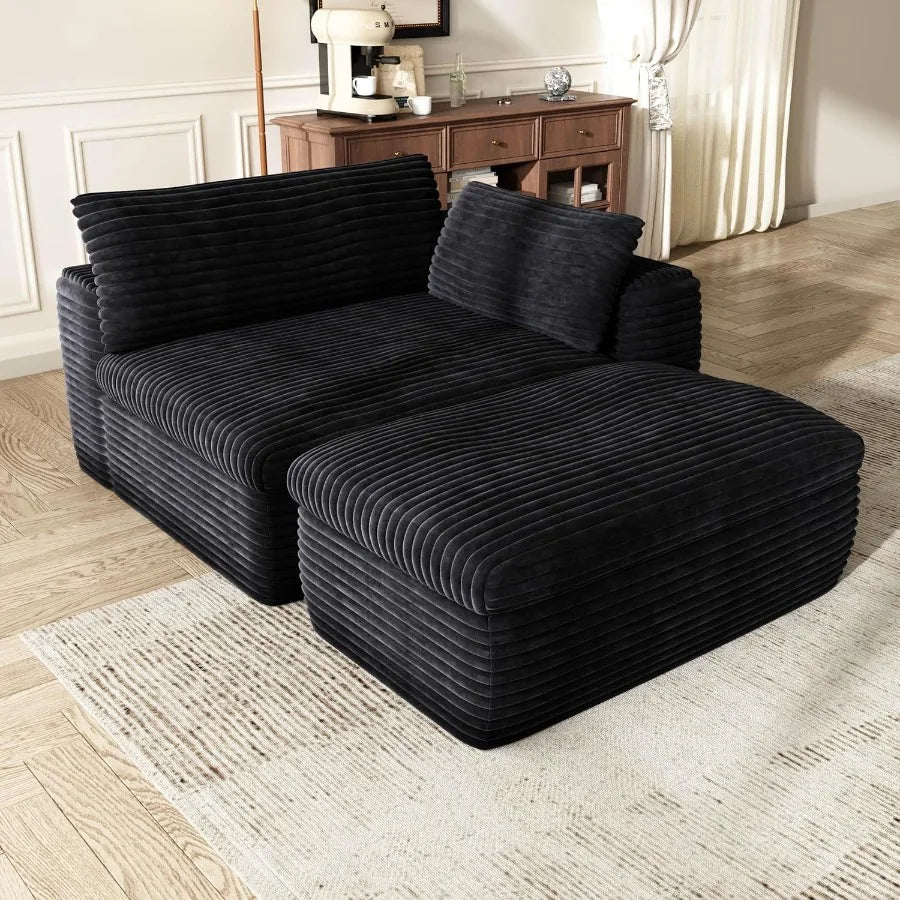 85'' Living Room Sectiol Couch with Double Layer Black Plh Corduroy Fabric 2 Seater Boneless L Shaped Cloud Couch in a Box No A