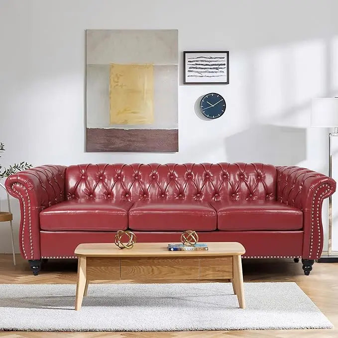 Home Sofa Living Room Furniture, 3 Seater Leather Upholstered Sofa Couch, Modern Comfy Couch with Faux Leather Cushions