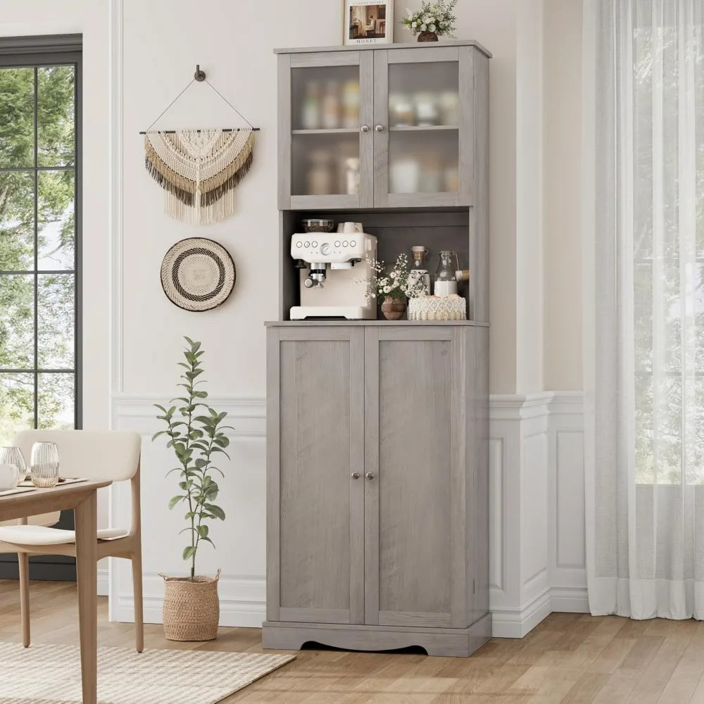 71'' Pantry Cabinet, Tall Storage Cabinet with Microwave Stand, Freestanding Kitchen Hutch with Doors and Adjustable She
