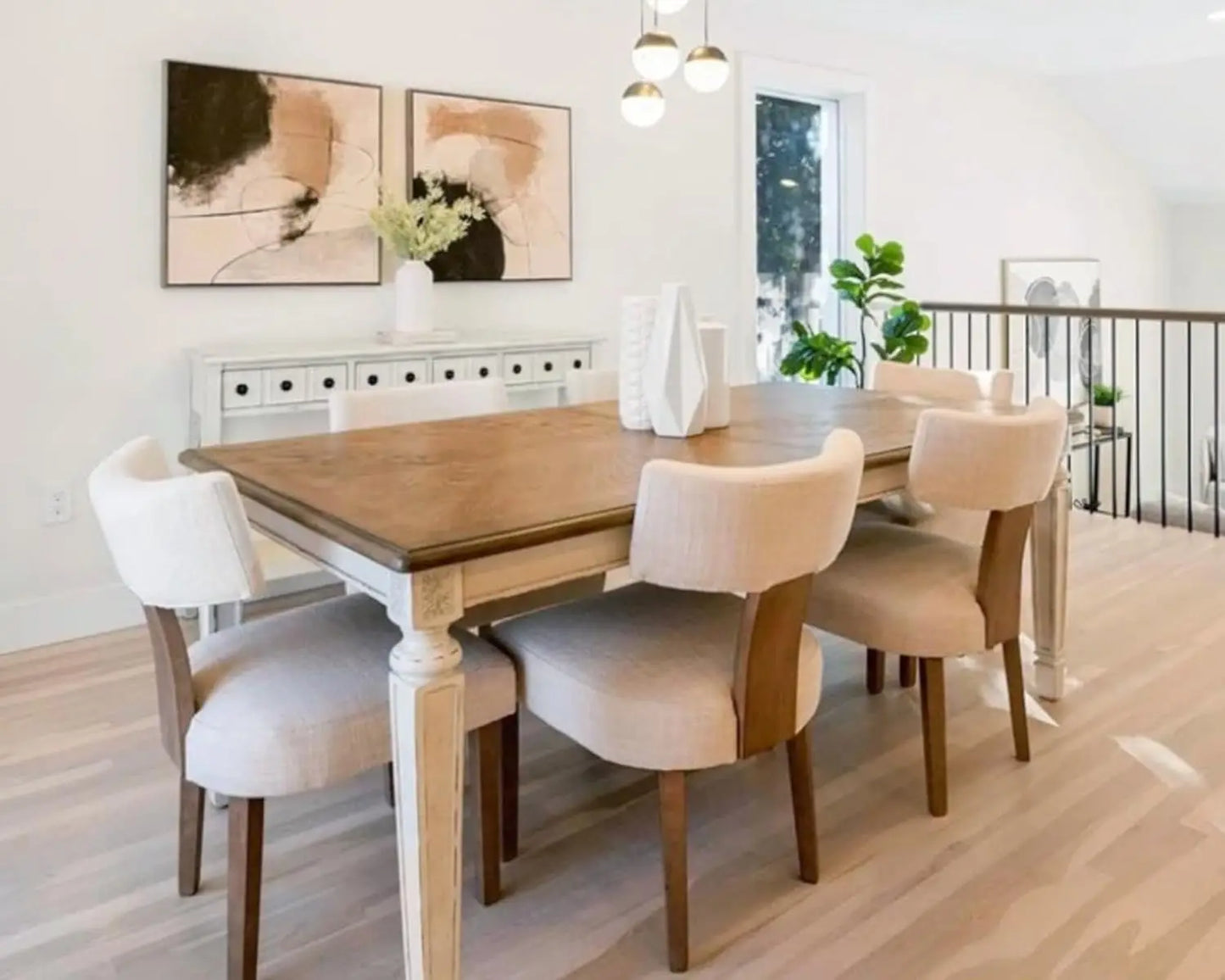 Mid Century Modern Dining Chairs Set of 6, Farmhouse Linen Fabric Upholstered Accent Curved Backrest Kitchen Chairs, with Ha