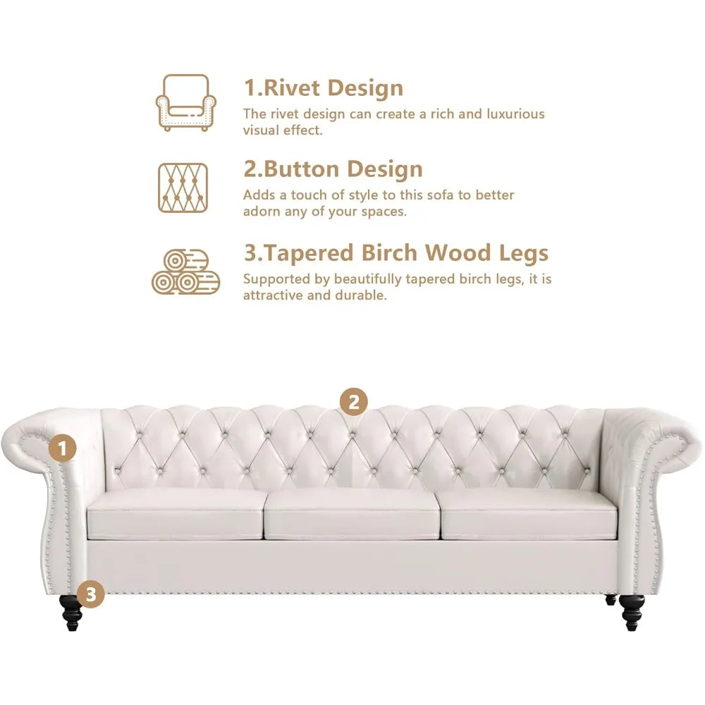 Home Sofa Living Room Furniture, 3 Seater Leather Upholstered Sofa Couch, Modern Comfy Couch with Faux Leather Cushions