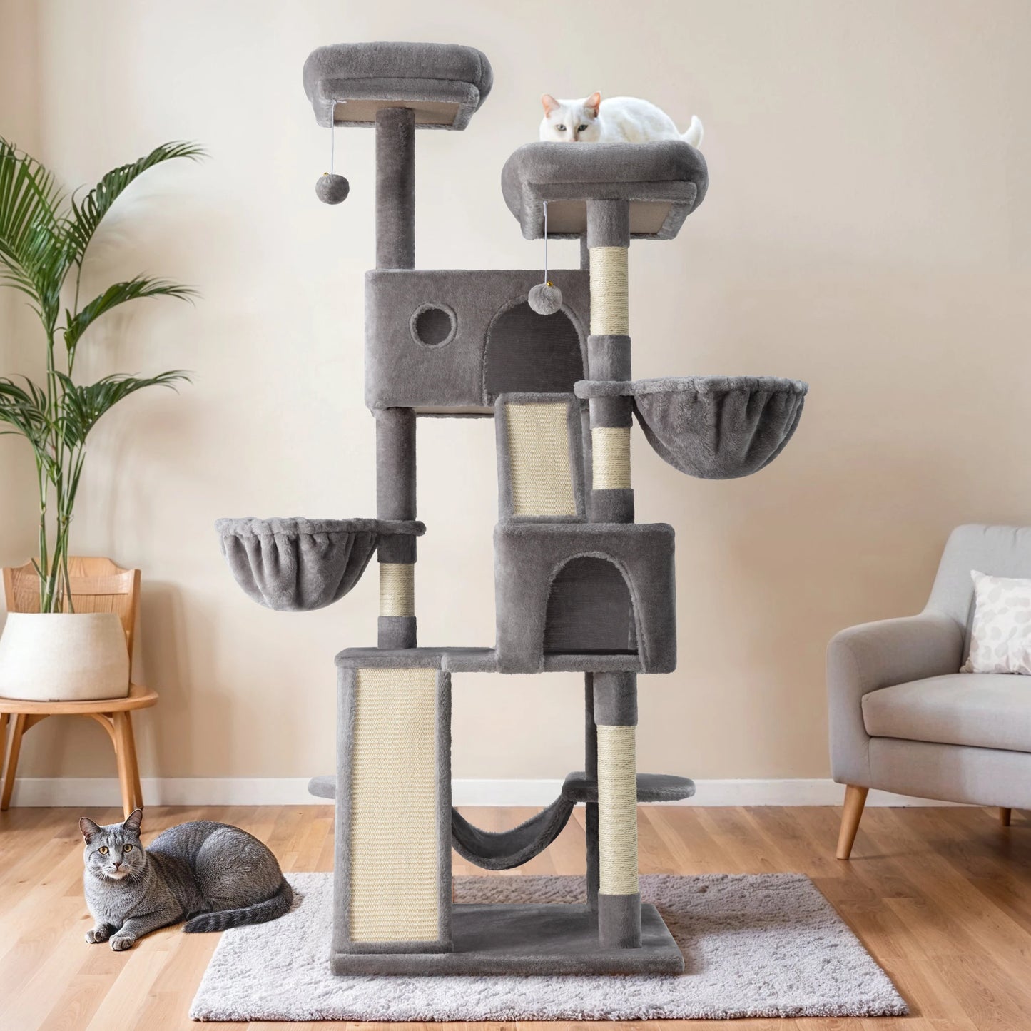 HOOMIC 65in Multi-Level Large Cat Tree Tower/Cozy Plush Cat Perches/Cat Condo with Baskets/Sisal Scratching Post Allewie