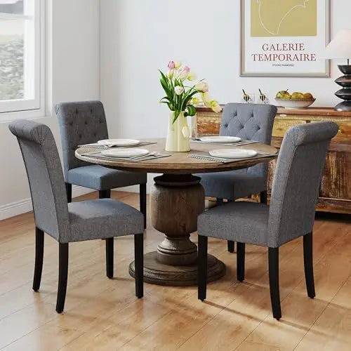 Upholstered Dining Chairs Set of 4, Tufted Parsons Kitchen Chair, Gray Linen Fabric, Solid Wood Legs