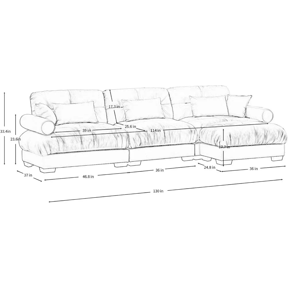 130"Oversized Couch, 3 Seater Modular Sectional Sofa,Large L Shaped Sectional Couches for Living Room, Fluffy Couch Set,3 Seater