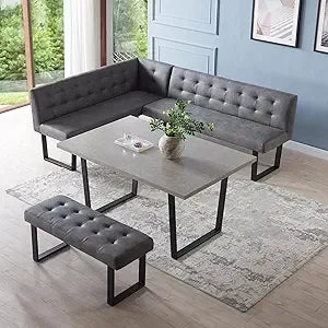 3 Piece Dining Table Set with Bench, 42.9 Inch Modern Kitchen Table with Left Seat Corner and 43.3 Inch Bench for Family Dining