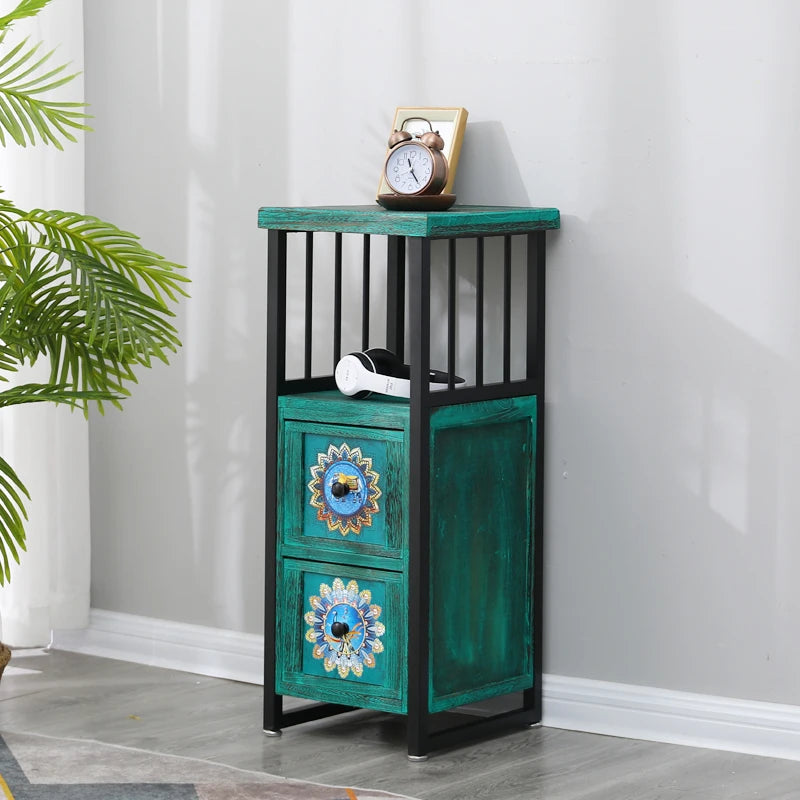 American Vintage Narrow Wooden Side Cabinet‌ Hand-Painted Slim Space-Saving Storage for Living Room Artistic Multi-Drawer Chest