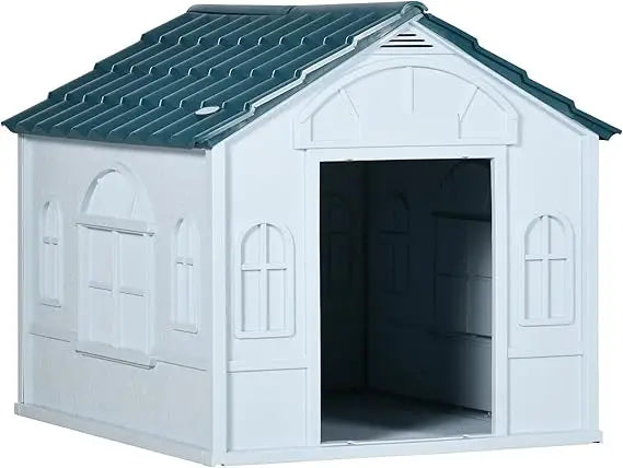Plastic Dog House, Water Resistant Puppy Shelter Indoor Outdoor with Door, Easy to Assemble, for Medium and Small Dogs, Gray
