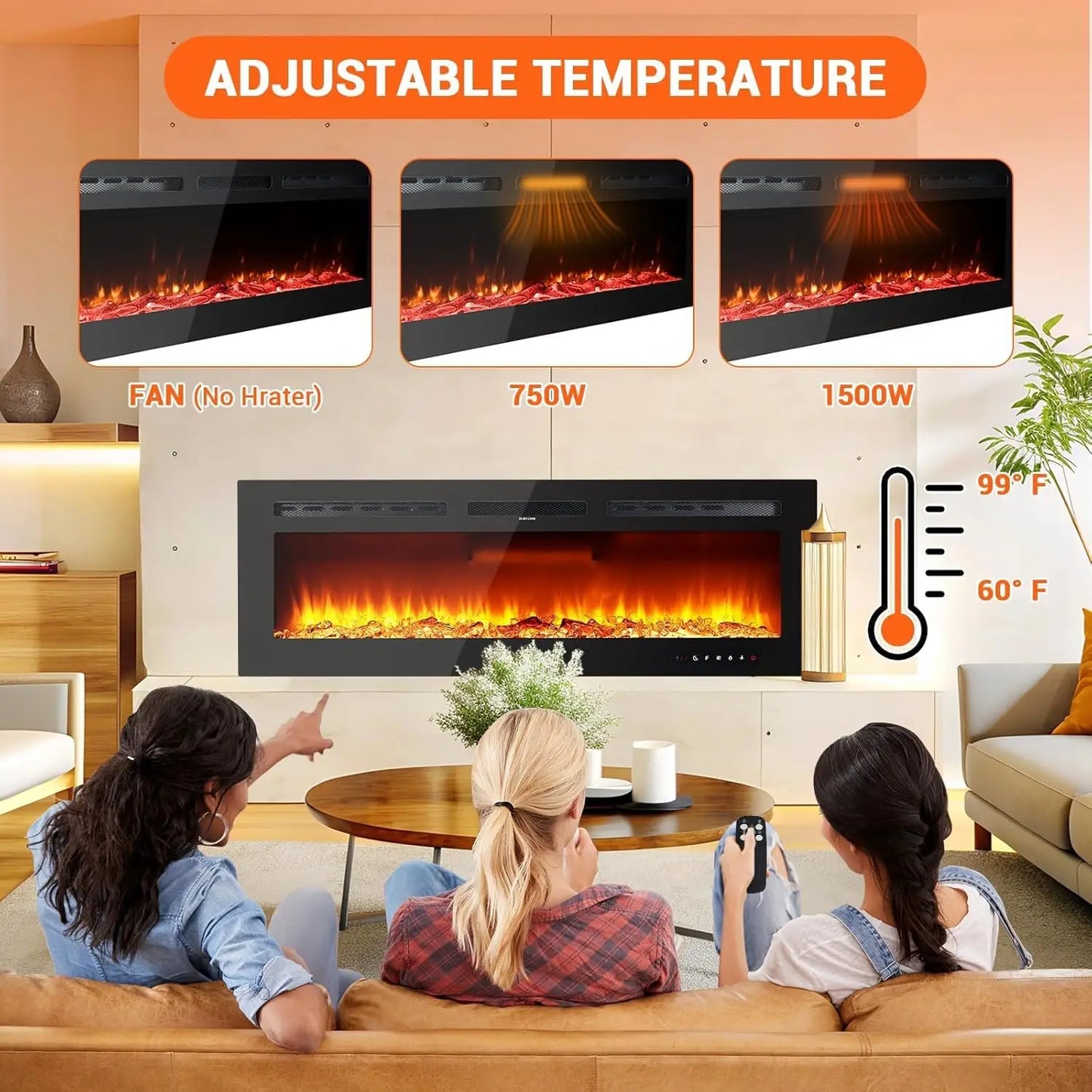 30/40/50/60/72 Inch Electric Fireplace Wall Mounted & Recessed With Remote Control Timer Adjustable Flame Color Brightness